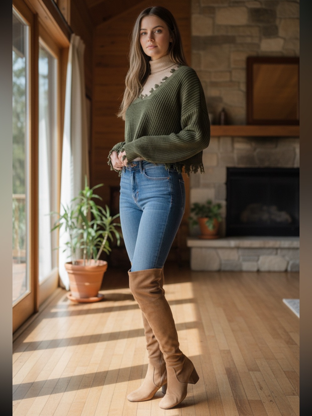 Zaful Olive Green Ribbed Cropped Sweater with Cream Inset